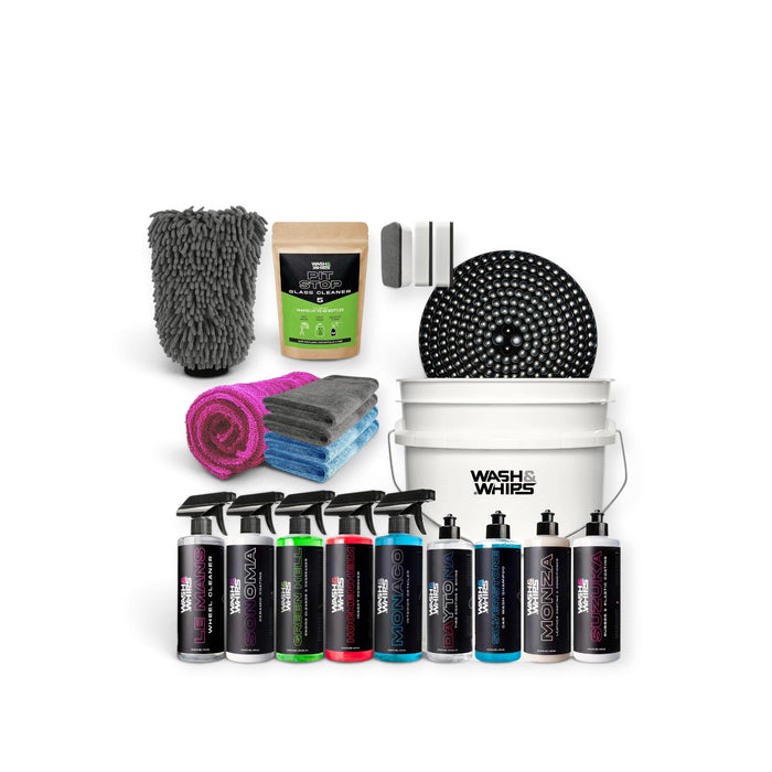 Lunaticsco WASH&WHIPS 16-piece professional car detailing kit with cleaning sprays, microfiber towels, and bucket.