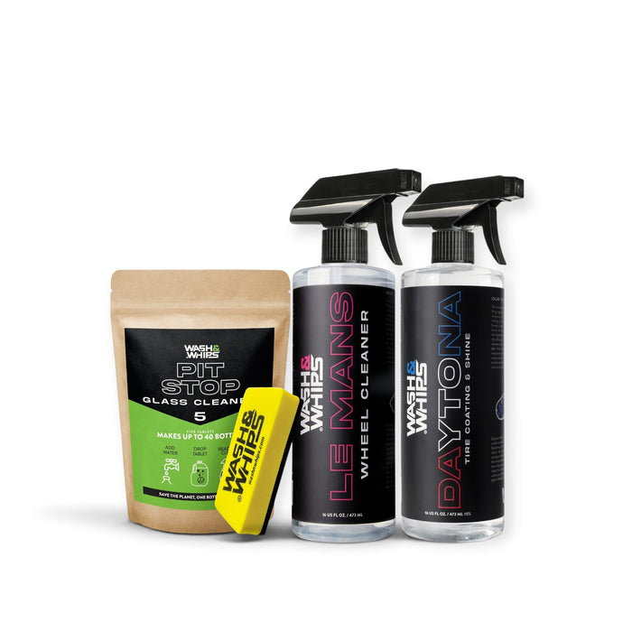 Lunaticsco WASH&WHIPS car detailing kit featuring wheel cleaner, tire shine, glass cleaner tablets, and an applicator.