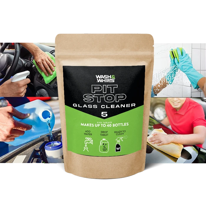 Lunaticsco WASH&WHIPS Pit Stop glass cleaner refill tablets in a brown pouch with usage instructions and application