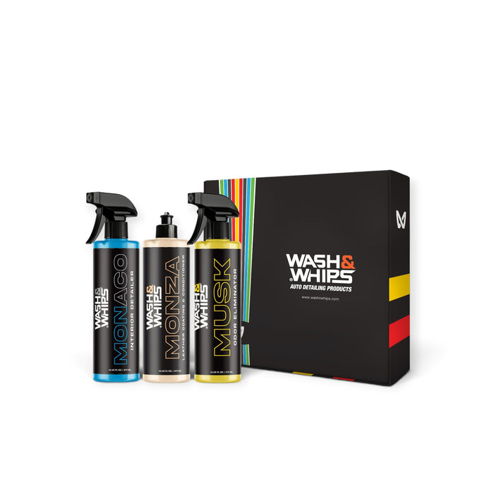 Lunaticsco WASH&WHIPS interior car wash kit featuring three 16oz spray bottles and a branded black presentation box.