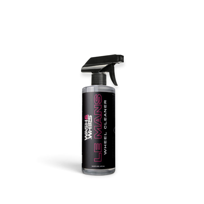 Lunaticsco WASH&WHIPS Le Mans wheel cleaner spray bottle with black label and pink text for car detailing