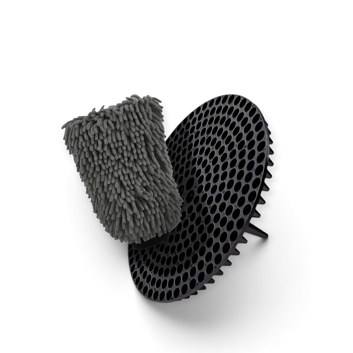 Lunaticsco WASH&WHIPS grey chenille microfiber wash mitt and black plastic particle interceptor for car detailing