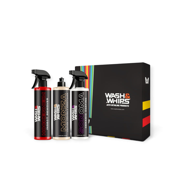 Lunaticsco WASH&WHIPS MotoPro motorcycle detailing kit with three spray bottles and a branded gift box