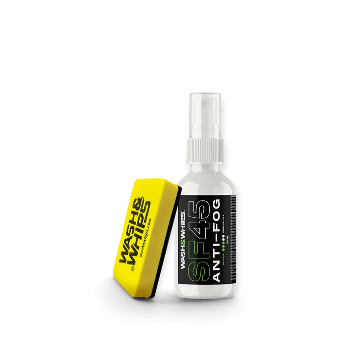 Lunaticsco WASH&WHIPS SF45 anti-fog spray bottle with a yellow applicator sponge for car windshields and glass.