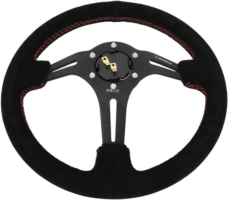 NRG 3" Deep 5MM Spoke Black Leather W/ Red Stitch 350MM Steering Wheel - Lunaticsco