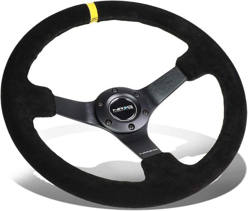 NRG 3" Deep 5MM Spoke Black Suede W/ Yellow Stitch 350MM Steering Wheel - Lunaticsco