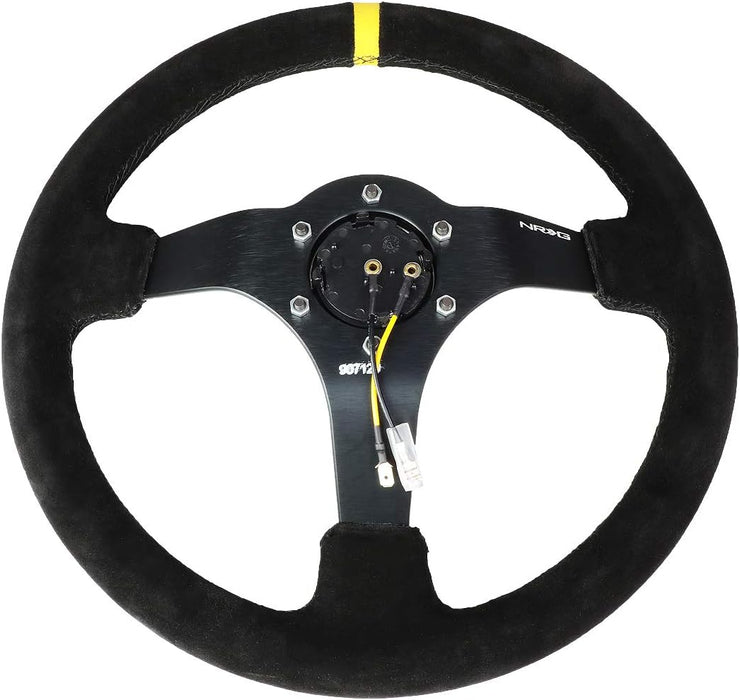 NRG 3" Deep 5MM Spoke Black Suede W/ Yellow Stitch 350MM Steering Wheel - Lunaticsco