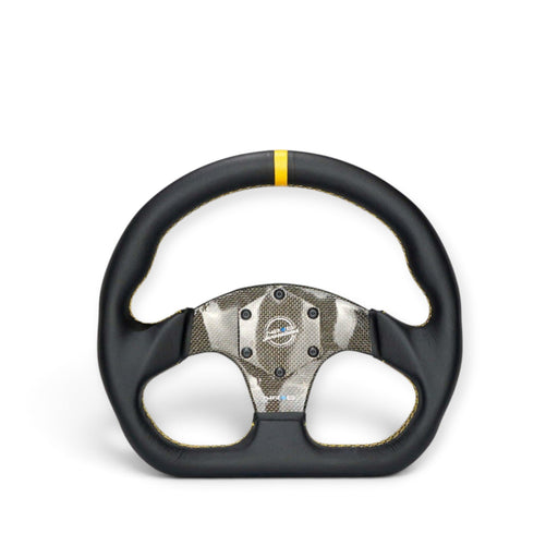 NRG Carbon Fiber Flat Bottom Steering Wheel (320mm) Yellow CF Center w/Yellow Stitch/Yellow Mark - Lunaticsco