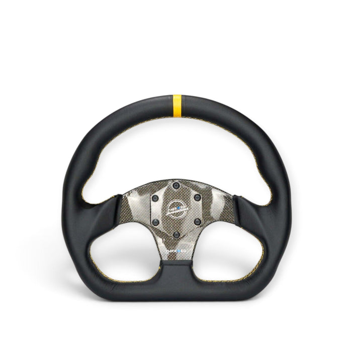 NRG Carbon Fiber Flat Bottom Steering Wheel (320mm) Yellow CF Center w/Yellow Stitch/Yellow Mark - Lunaticsco