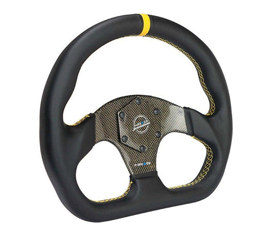 NRG Carbon Fiber Flat Bottom Steering Wheel (320mm) Yellow CF Center w/Yellow Stitch/Yellow Mark - Lunaticsco