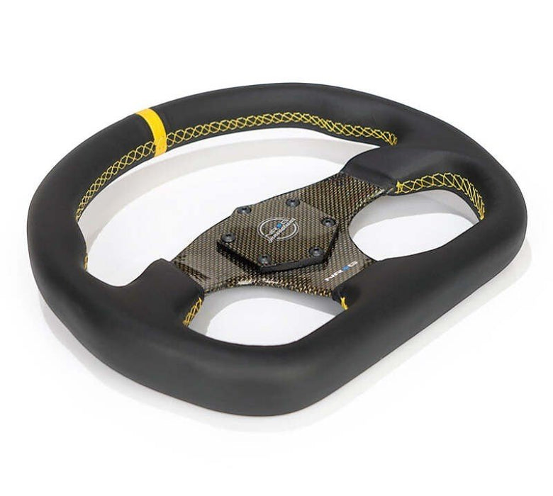 NRG Carbon Fiber Flat Bottom Steering Wheel (320mm) Yellow CF Center w/Yellow Stitch/Yellow Mark - Lunaticsco