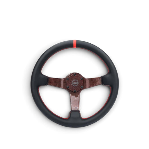 NRG Carbon Fiber Steering Wheel 350mm 3in Deep Red Carbon Fiber Red Stiching Red Center Mark Leather - Lunaticsco