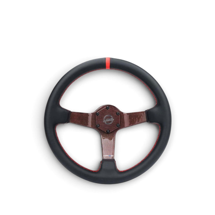 NRG Carbon Fiber Steering Wheel 350mm 3in Deep Red Carbon Fiber Red Stiching Red Center Mark Leather - Lunaticsco