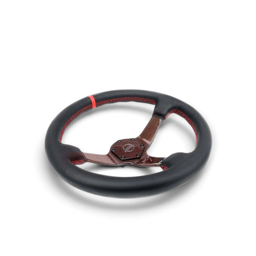 NRG Carbon Fiber Steering Wheel 350mm 3in Deep Red Carbon Fiber Red Stiching Red Center Mark Leather - Lunaticsco