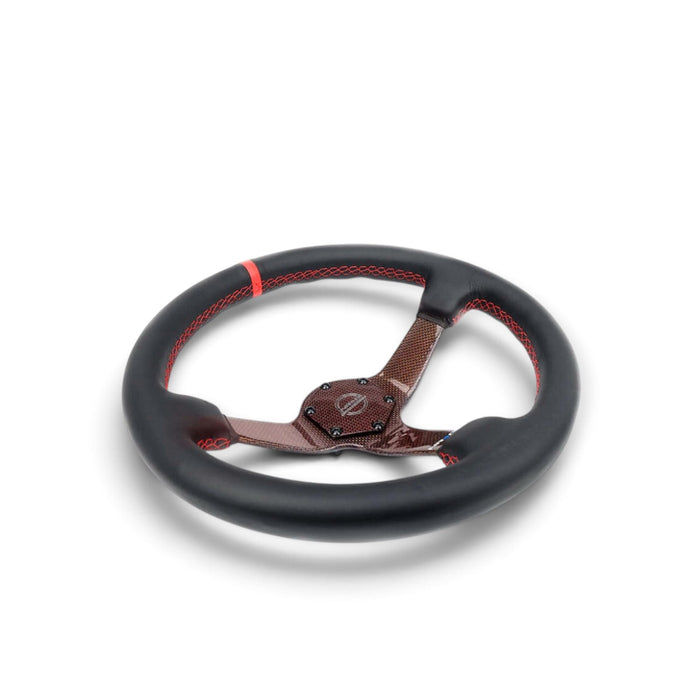 NRG Carbon Fiber Steering Wheel 350mm 3in Deep Red Carbon Fiber Red Stiching Red Center Mark Leather - Lunaticsco