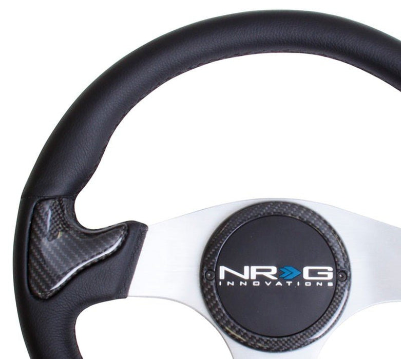 NRG Carbon Fiber Steering Wheel (350mm) Silver Frame Blk Stitching w/Rubber Cover Horn Button - Lunaticsco