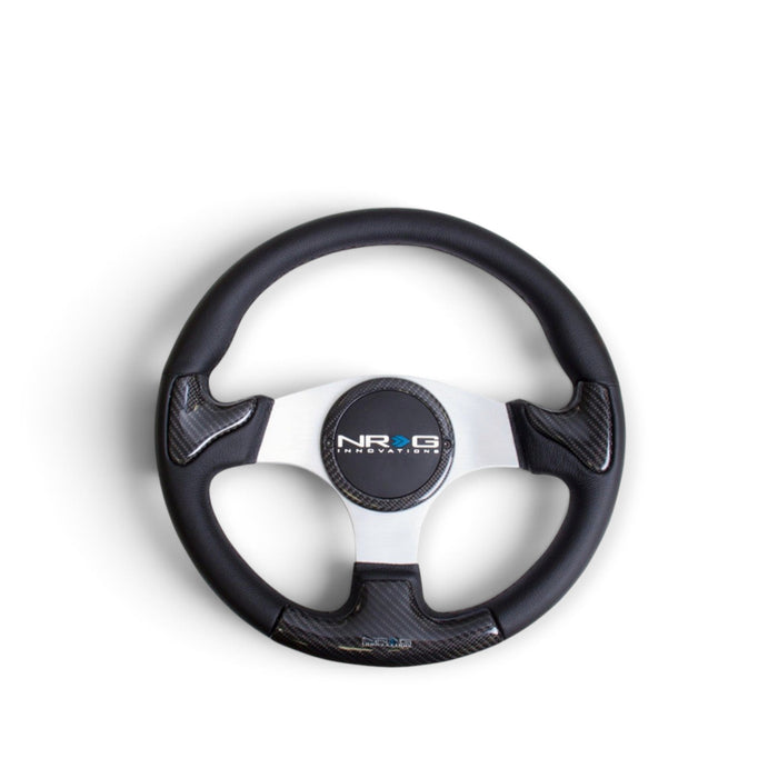 NRG Carbon Fiber Steering Wheel (350mm) Silver Frame Blk Stitching w/Rubber Cover Horn Button - Lunaticsco
