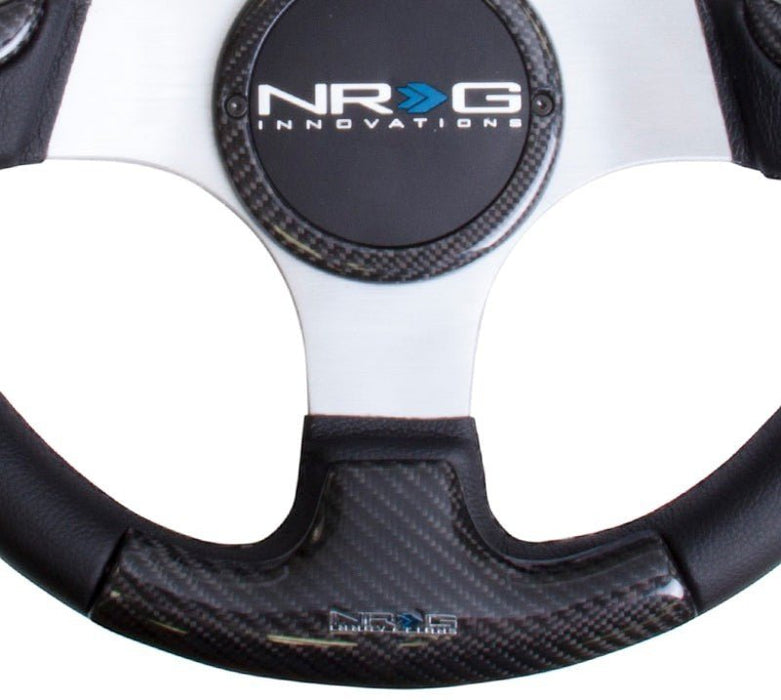 NRG Carbon Fiber Steering Wheel (350mm) Silver Frame Blk Stitching w/Rubber Cover Horn Button - Lunaticsco
