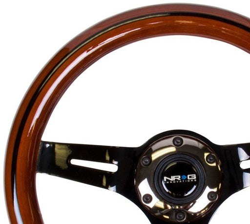 NRG Classic Wood Grain Steering Wheel (310mm) Dark Wood & Black Line Inlay w/Blk Chrome 3-Spoke Ctr. - Lunaticsco