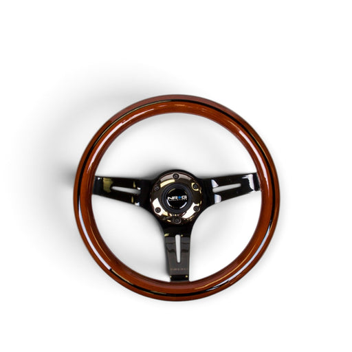 NRG Classic Wood Grain Steering Wheel (310mm) Dark Wood & Black Line Inlay w/Blk Chrome 3-Spoke Ctr. - Lunaticsco
