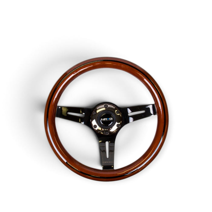 NRG Classic Wood Grain Steering Wheel (310mm) Dark Wood & Black Line Inlay w/Blk Chrome 3-Spoke Ctr. - Lunaticsco