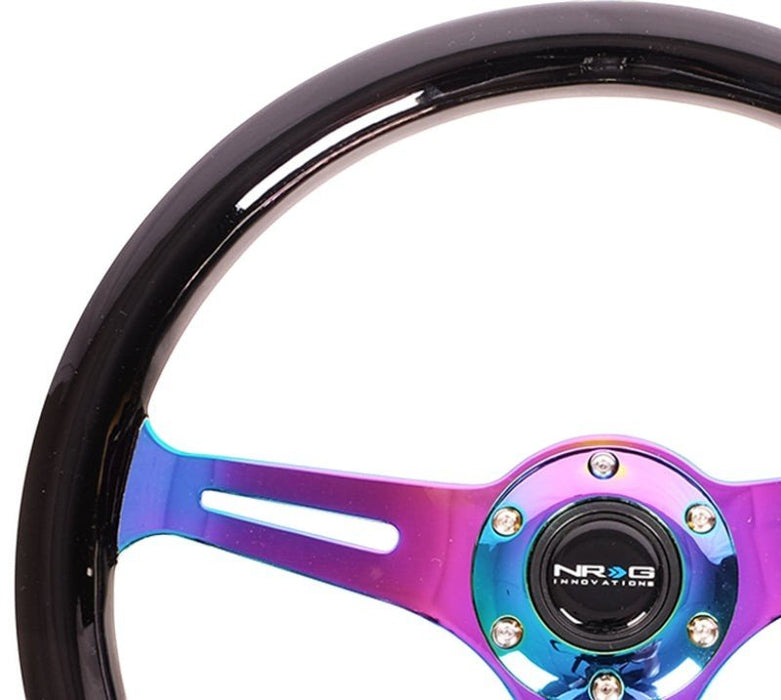 NRG Classic Wood Grain Steering Wheel (350mm) Black Paint Grip w/Neochrome 3-Spoke Center - Lunaticsco