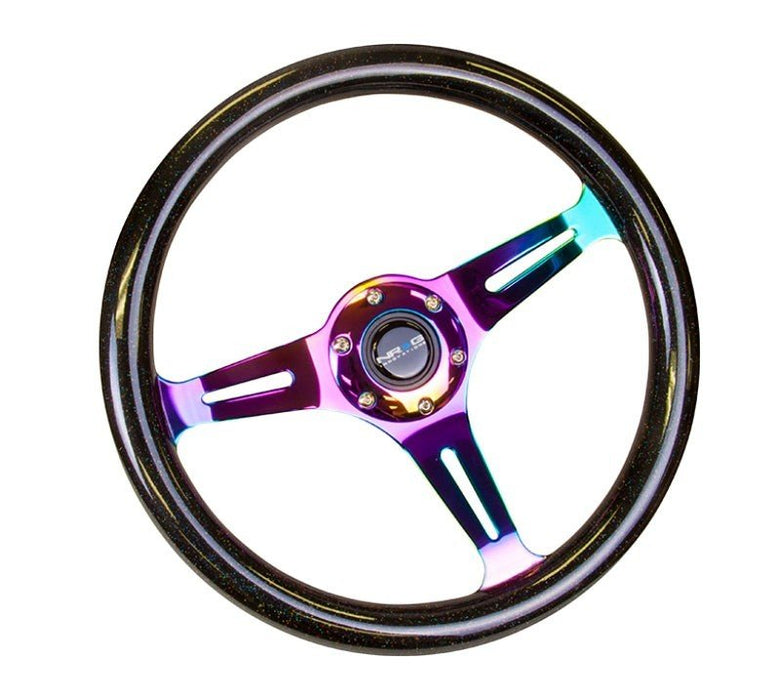 NRG Classic Wood Grain Steering Wheel (350mm) Black Sparkle/Galaxy Color w/Neochrome 3-Spoke - Lunaticsco