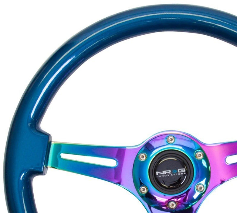 NRG Classic Wood Grain Steering Wheel (350mm) Blue Pearl/Flake Paint w/Neochrome 3-Spoke Center - Lunaticsco