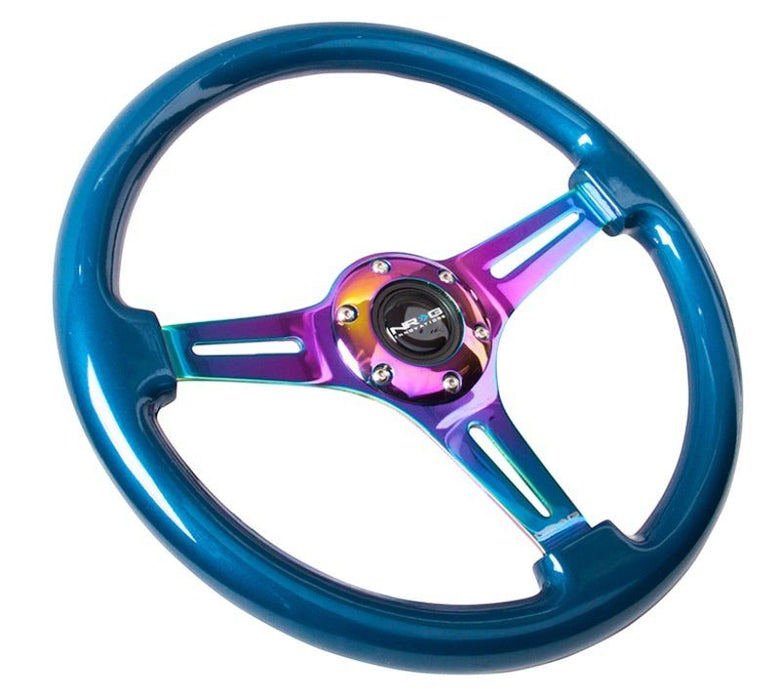 NRG Classic Wood Grain Steering Wheel (350mm) Blue Pearl/Flake Paint w/Neochrome 3-Spoke Center - Lunaticsco