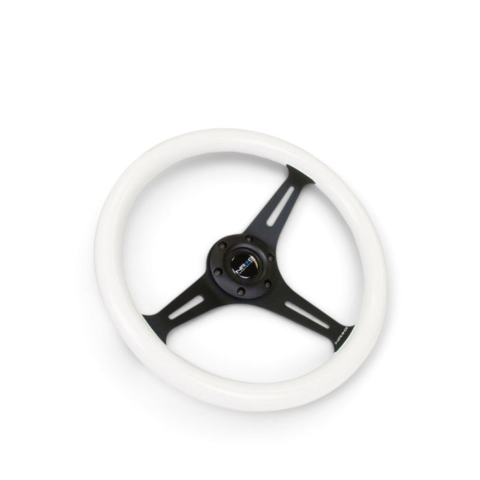 NRG Classic Wood Grain Steering Wheel (350mm) Glow-N-The-Dark Green Grip w/Black 3-Spoke Center - Lunaticsco