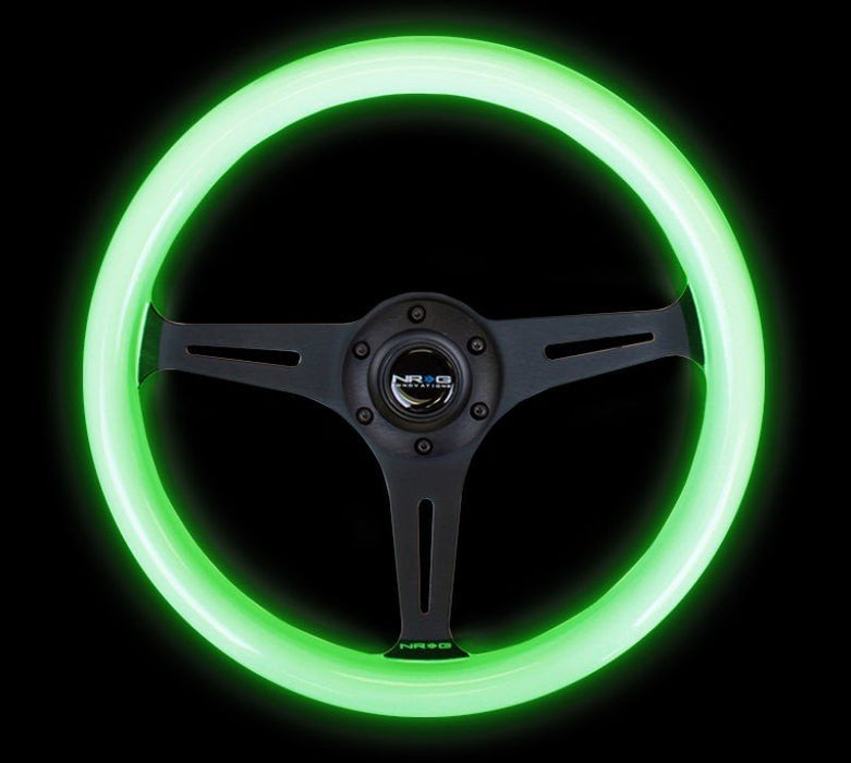 NRG Classic Wood Grain Steering Wheel (350mm) Glow-N-The-Dark Green Grip w/Black 3-Spoke Center - Lunaticsco