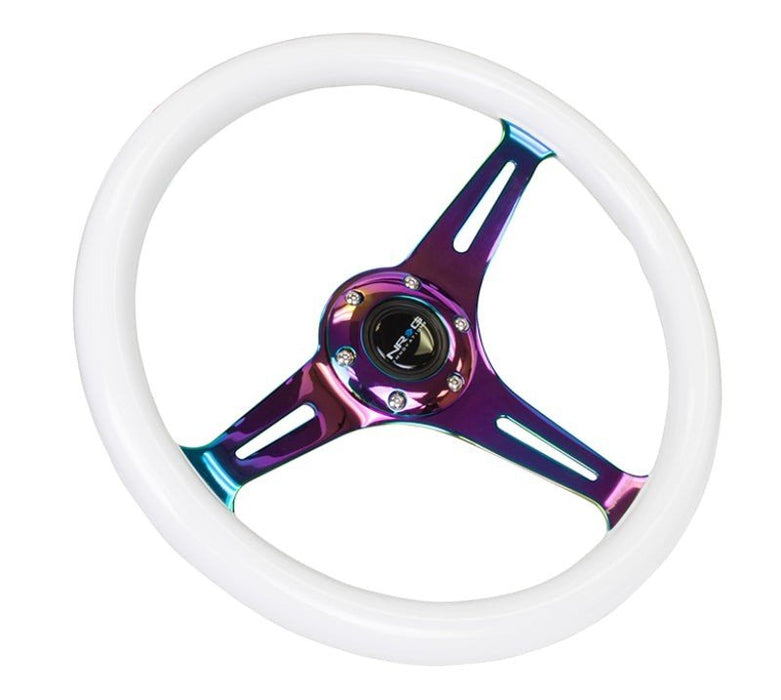 NRG Classic Wood Grain Steering Wheel (350mm) Glow-N-The-Dark Green Grip w/Neochrome 3-Spoke Center - Lunaticsco