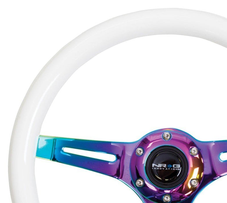 NRG Classic Wood Grain Steering Wheel (350mm) Glow-N-The-Dark Green Grip w/Neochrome 3-Spoke Center - Lunaticsco