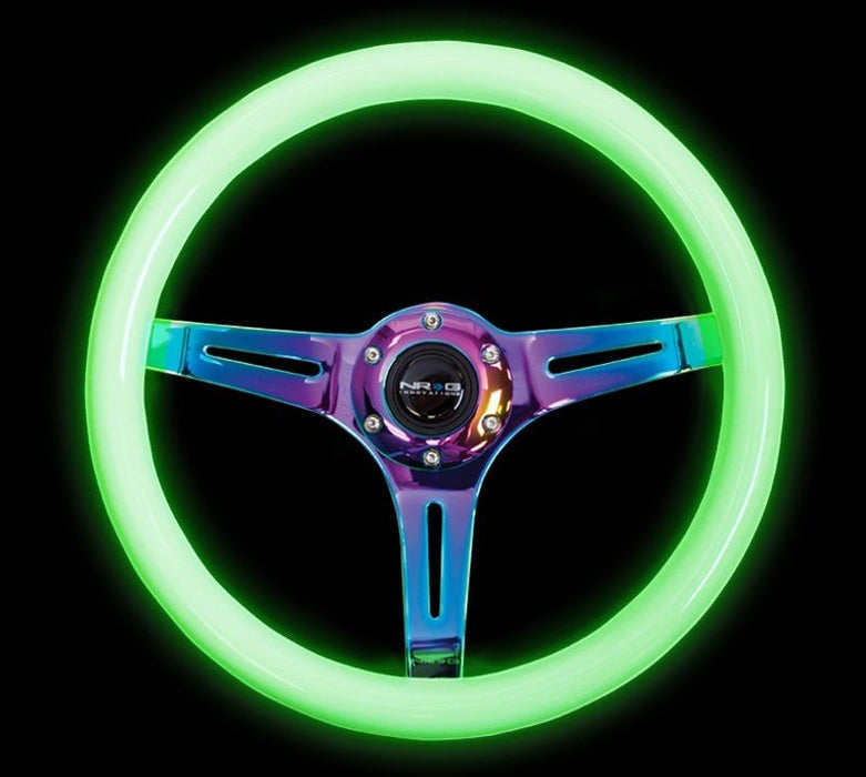 NRG Classic Wood Grain Steering Wheel (350mm) Glow-N-The-Dark Green Grip w/Neochrome 3-Spoke Center - Lunaticsco