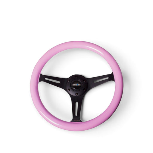 NRG Classic Wood Grain Steering Wheel (350mm) Solid Pink Painted Grip w/Black 3-Spoke Center - Lunaticsco