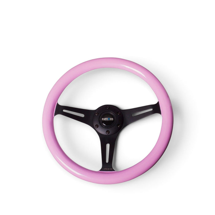 NRG Classic Wood Grain Steering Wheel (350mm) Solid Pink Painted Grip w/Black 3-Spoke Center - Lunaticsco