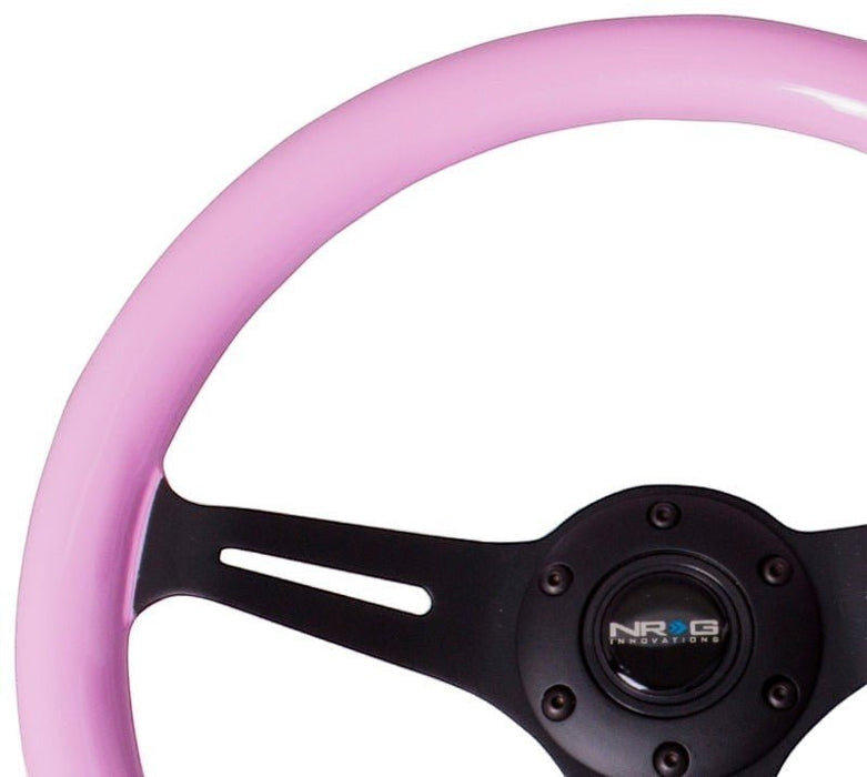 NRG Classic Wood Grain Steering Wheel (350mm) Solid Pink Painted Grip w/Black 3-Spoke Center - Lunaticsco