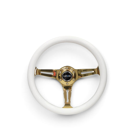 NRG Classic Wood Grain Steering Wheel (350mm) White Grip w/Chrome Gold 3-Spoke Center - Lunaticsco