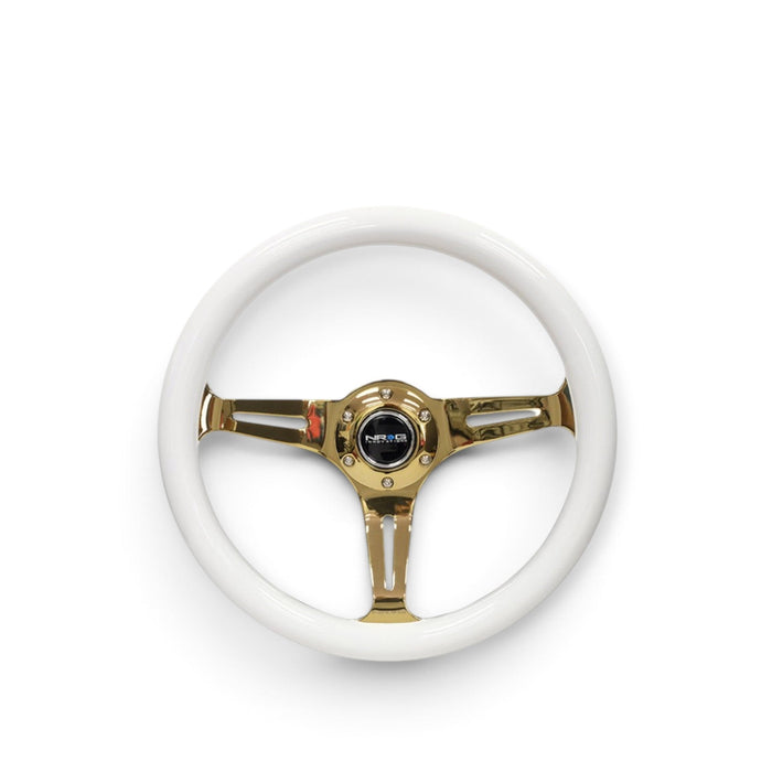 NRG Classic Wood Grain Steering Wheel (350mm) White Grip w/Chrome Gold 3-Spoke Center - Lunaticsco
