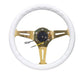 NRG Classic Wood Grain Steering Wheel (350mm) White Grip w/Chrome Gold 3-Spoke Center - Lunaticsco