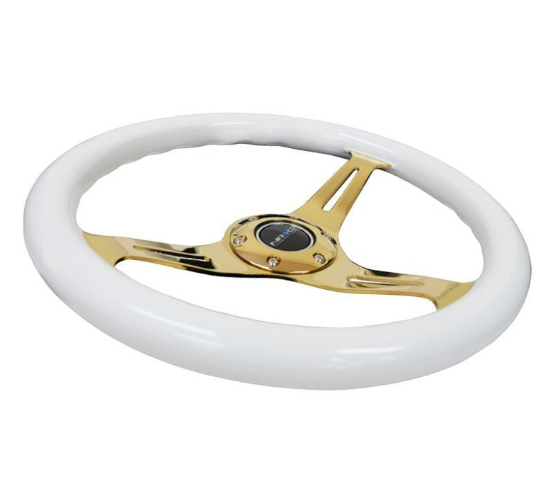 NRG Classic Wood Grain Steering Wheel (350mm) White Grip w/Chrome Gold 3-Spoke Center - Lunaticsco