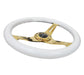 NRG Classic Wood Grain Steering Wheel (350mm) White Grip w/Chrome Gold 3-Spoke Center - Lunaticsco