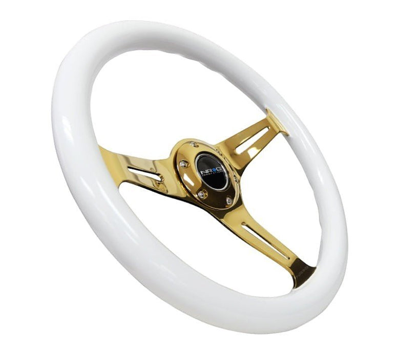 NRG Classic Wood Grain Steering Wheel (350mm) White Grip w/Chrome Gold 3-Spoke Center - Lunaticsco