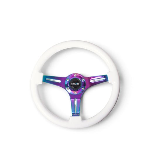 NRG Classic Wood Grain Steering Wheel (350mm) White Paint Grip w/Neochrome 3-Spoke Center - Lunaticsco