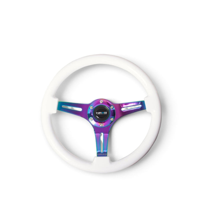 NRG Classic Wood Grain Steering Wheel (350mm) White Paint Grip w/Neochrome 3-Spoke Center - Lunaticsco