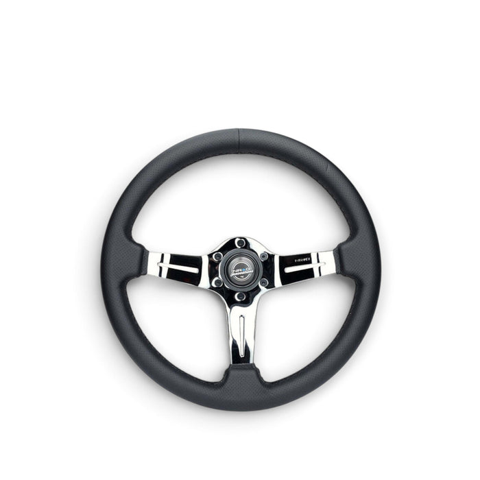 NRG Light Weight Gaming Steering Wheel - Splitz Chrome Silver Spokes Perforated Leather - Lunaticsco