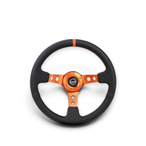 NRG Reinforce Steering Wheel (350mm / 3in. Deep) Blk Leather, Orange Center Mark w/ Orange Stitching - Lunaticsco