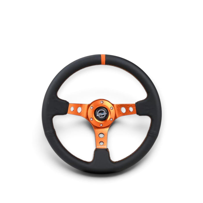 NRG Reinforce Steering Wheel (350mm / 3in. Deep) Blk Leather, Orange Center Mark w/ Orange Stitching - Lunaticsco