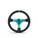 NRG Reinforce Steering Wheel (350mm / 3in. Deep) Blk Leather, Teal Center Mark w/ Teal Stitching - Lunaticsco