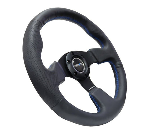 NRG Reinforced Steering Wheel (320mm) Black Leather w/Blue Stitching - Lunaticsco